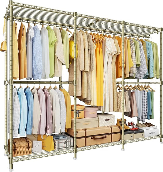 E14 Pro Heavy Duty Clothes Rack，Freestanding Clothing Racks for Hanging Clothes，Adjustable Closet Organizers and Storage，Metal Garment Rack with Shelves 69"W x16"D x77"H，Max Load 960LBS，Gold
