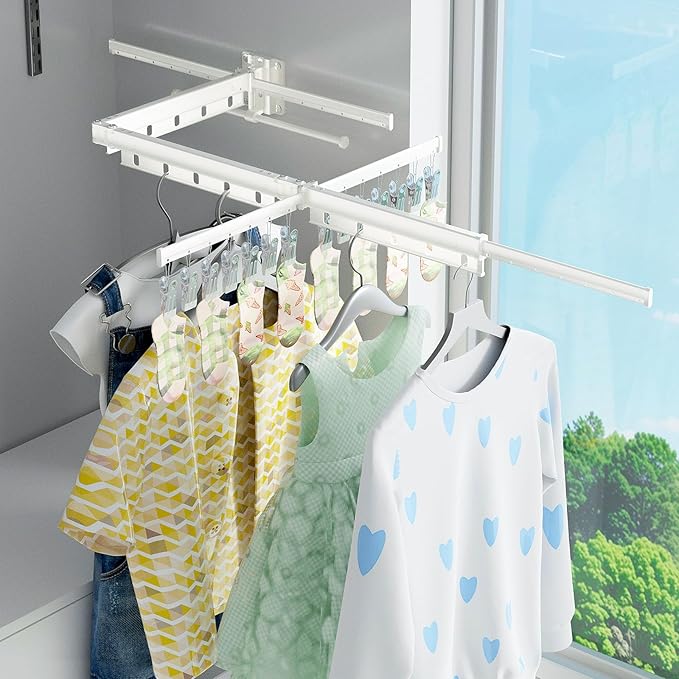 Clothes Drying Rack,2025 New Upgraded Laundry Drying Rack, Sturdy Wall Mounted Clothes Rack,with Additional 4 Branches and 20 Clips,Collapsible,Retractable,Ideal for Patio,Laundry,Bathroom