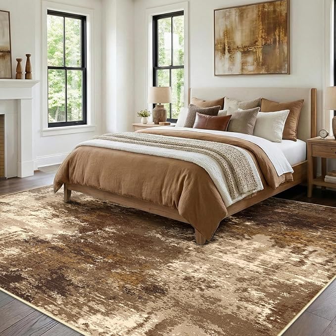 Washable Area Rugs 10'x14 Non-Slip Modern Abstract Soft for Living Room Entryway Bedroom Nursery, Print Pattern, Brown Tan Beige Coffee