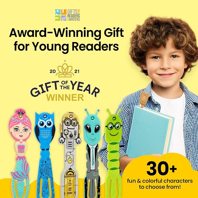 Gifts for Readers & Writers Book Light for Kids, Clip On Reading Light for Bed, 2in1 Flexilight Pals & Bookmark, Small & Lightweight with a Soft Glow, 2 Batteries Included, Robot Blue