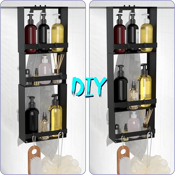 Over the Door Shower Caddy Hanging, 3 Tier Stainless Steel Hanging Shower Caddy with 8 Hooks & 4 Suction Cup, Bathroom Organizers and Storage Rack, Bathroom Decor Shelves Holds Shampoo, Towel - Black