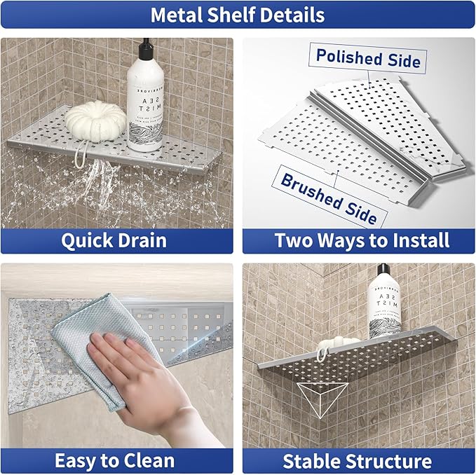 Corner Shower Shelf 12" Polished 304 Stainless Steel Recessed Trapezoid Grout in Shelves with Grid Design Bathroom Shelf Racks for Tiled Wall, 2 Pack