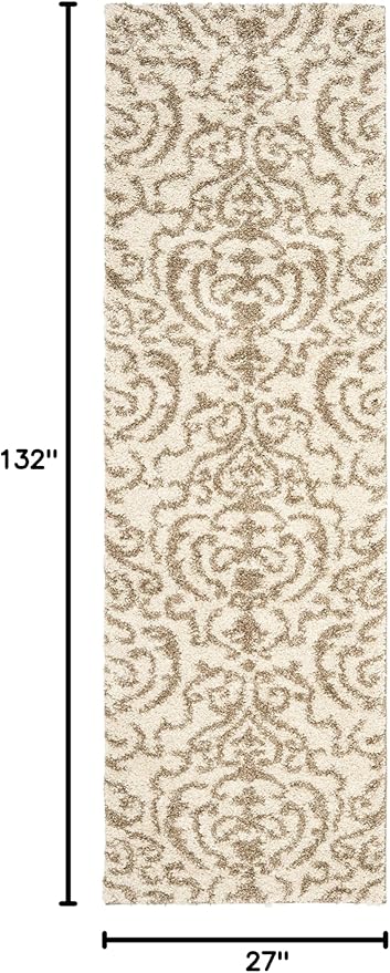 SAFAVIEH Florida Shag Collection Runner Rug - 2'3" x 11', Cream & Beige, Damask Design, Non-Shedding & Easy Care, 1.2-inch Thick Ideal for High Traffic Areas in Living Room, Bedroom (SG462-1113)