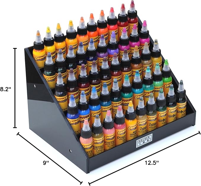 acrylic display stand organizer for tattoo inks, nail polish bottles and other beauty essentials that keeps them organized, secured and ready to use.