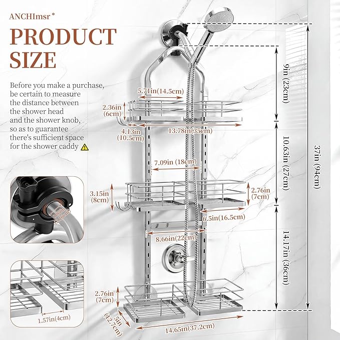 Adjustable Hanging Shower Caddy for Handheld Showerhead, 3-Tier Rustproof Shower Rack Baskets, Anti-Swing Hanging Shower Organizer for Bathroom Storage with 2 S-Hooks, Large Capacity, Silver