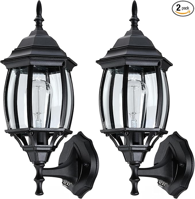 2 Pack Black Dusk to Dawn Outdoor Wall Lights - 16.8 Inch Garage Side Light for House Outside Dusk to Dawn Wall Lantern, Black Vintage Porch Sconce Light for Front Door,Entrance,Balcony,E26