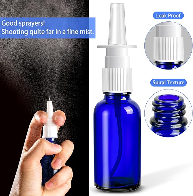 60 Pcs Nasal Spray Bottle Empty, Blue Glass Refillable Fine Mist Nasal Spray Bottles with 12 Funnels and 12 Labels (30ML/1oz)