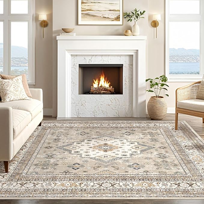 Vintage Living Room Square Area Rug 8x8 - Large Soft Washable Oriental Traditional Distressed Farmhouse Rugs for Bedroom - Indoor Floor Accent Carpet for Home Office House Decor - Beige