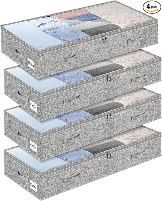 4 Pack 100L Under Bed Storage Containers, Low Profile Closet Organizers and Storage Bins for Dorm, Foldable Underbed Bag for Clothes, Blanket, Sheets, Wrapping Paper, Clear Window & Dual Zippers, Grey