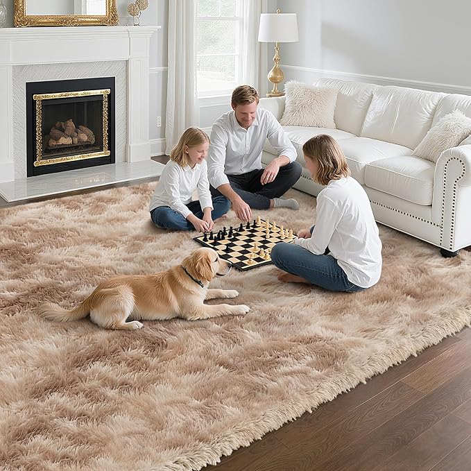 Fluffy Rug Shaggy Area Rug, Mottling Beige 9x12 Area Rugs for Living Room, Large Shag Area Rugs for Bedroom Kids Room Home Decor, Upgrade Anti-Skid Rectangular Fuzzy Rugs
