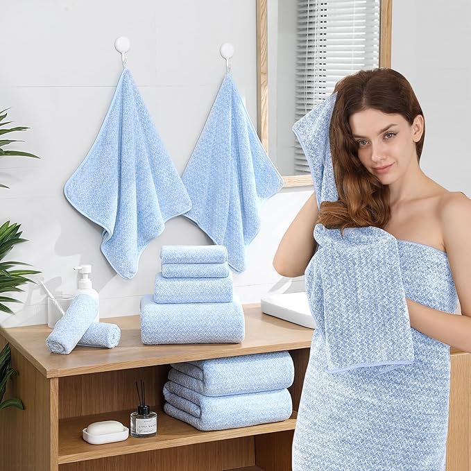 18 Piece Bath Towels Set,100% Microfiber Family Bathroom Towel with Hanging Loops-6 Bath Towels,6 Hand Towels,6 Washcloths,Quick Dry Highly Absorbent Shower Towel for Bathroom,Hotel,Spa-Blue