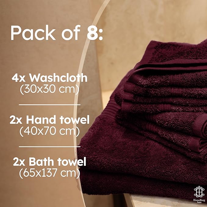 Luxe Set – Washcloths (30 x 30cm), Hand Towels (40 x 70cm) & Bath Towels (65 x 137 cm) – 100% Cotton, Soft, Absorbent, Easy Care, Versatile, (Velvet Wine)