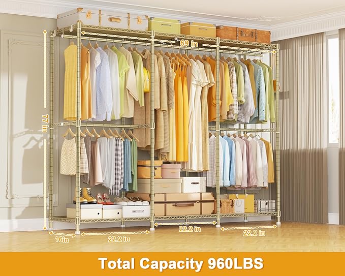 E14 Pro Heavy Duty Clothes Rack，Freestanding Clothing Racks for Hanging Clothes，Adjustable Closet Organizers and Storage，Metal Garment Rack with Shelves 69"W x16"D x77"H，Max Load 960LBS，Gold