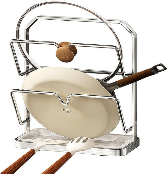Stainless Steel Pot Lid Rack While Cooking, Kitchen Pot Lid Storage Rack, Multi Functional Countertop Kitchen Pot Lid Organizer(Silver,Double-layer Model)