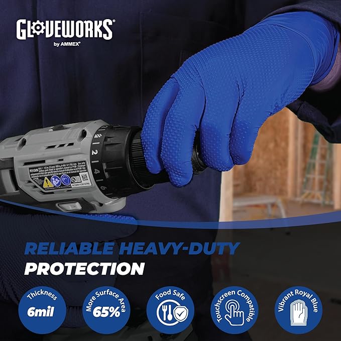 GLOVEWORKS HD Royal Blue Nitrile Industrial Disposable Gloves, 6 Mil, Latex-Free, Raised Diamond Texture, Large, Box of 100
