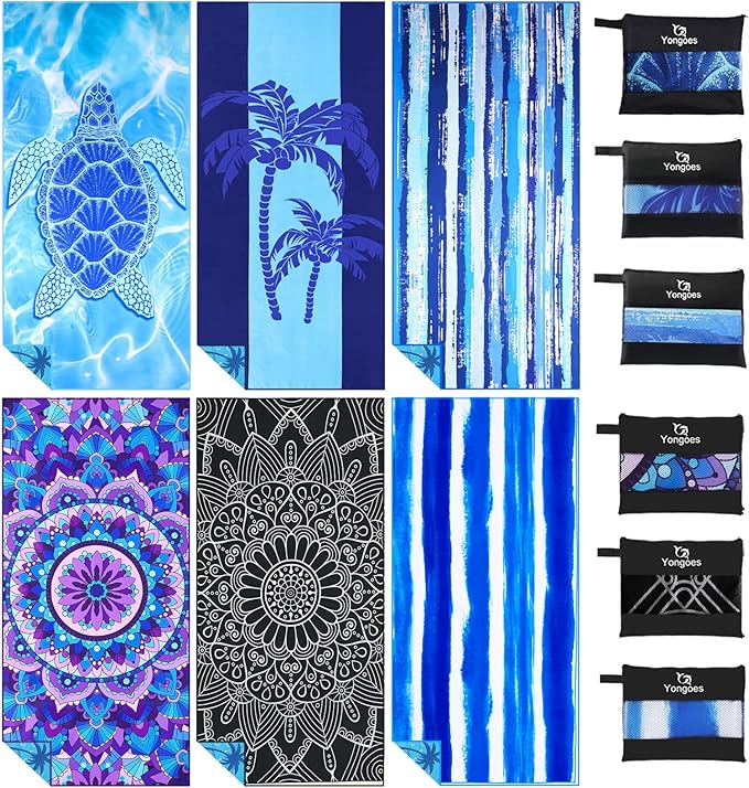6 Pack Microfiber Lightweight Thin Beach Towel Sand Free Quick Dry Super Absorbent Large Towels for Swimming Pool Yoga Gym Travel Vacation Beach Accessories Essentials for Adults