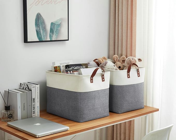 DECOMOMO Extra Large Storage Baskets, Fabric Storage Bins with Handles for Organizing Shelves, Toys, Nursery, Laundry (Slate Grey & White, 3pcs)