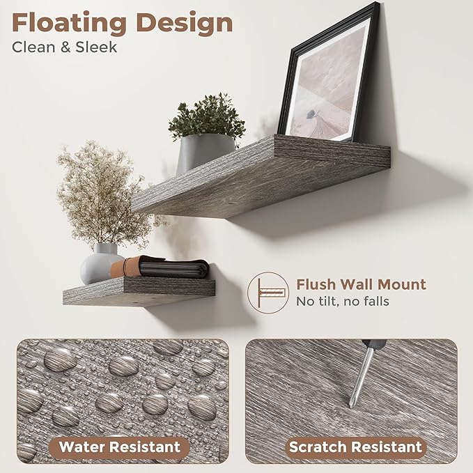 48 Inch Floating Shelves for Wall Set of 2, 8"D Wood Grain Bathroom Shelves with Invisible Brackets, Easy Install Engineered Wood Storage Shelves for Kitchen, Living Room, Bedroom, Grey Oak Finish