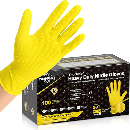 TitanFlex Heavy Duty Industrial Nitrile Gloves with Raised Diamond Texture, 8-mil, Latex Free (Green/Dark Green/Yellow)