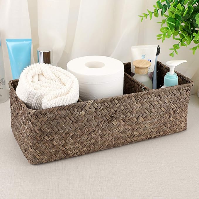 Hipiwe Seagrass Nesting Storage Basket - 3 Compartment Hand-Woven Wicker Toilet Paper Storage Bin Bathroom Organize Basket for Shelves, Kitchen Cabinets, Bathroom, Closets Organizer