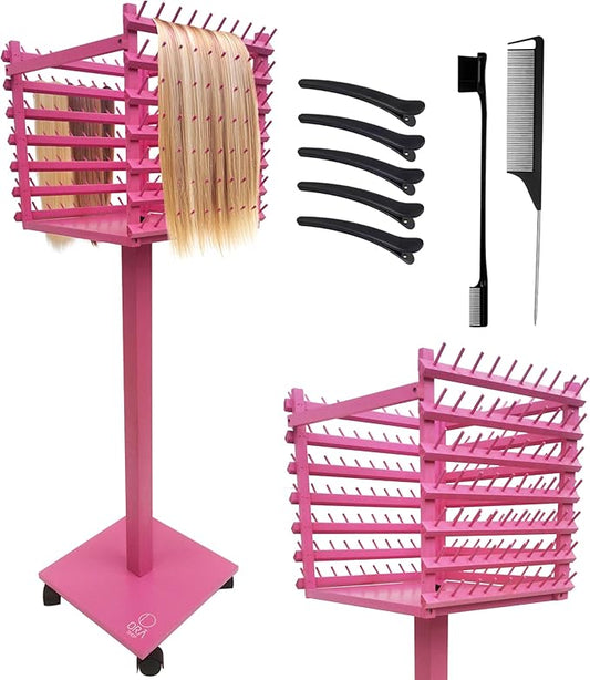 Braiding Hair Rack, Hair Extension Holder, Hair Braiding Tools, Hair Product Organizer, Wooden 3-Sided Rack Stand, Large Capacity (210 pegs) (Pink)