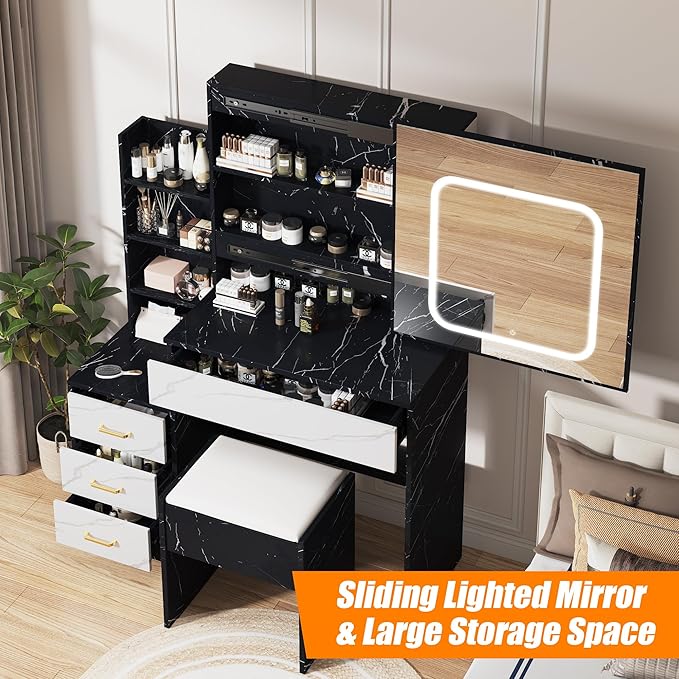 Vanity Desk with Sliding LED Mirror, Makeup Dressing Table with 4 Drawers, Storage Shelves, Power Outlet & Cushioned Stool, Adjustable 3 Lighting Modes, Vanity Set for Bedroom, Marble-Black & White