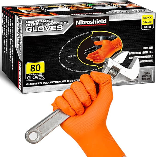 wcy 9 Mil Heavy Duty Orange Nitrile Gloves,Raised Diamond Texture Grip,Industrial Mechanic Rubber Gloves Disposable Latex Free Chemical Resistant Guantes for Work,Cooking,Food Safe - XLarge,80Count