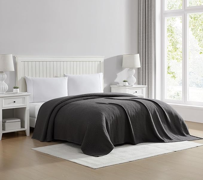 Beatrice Home Fashions Grand Hotel Lightweight All-Natural 100% Cotton Waffle Weave Blanket, Twin, Dark Gray