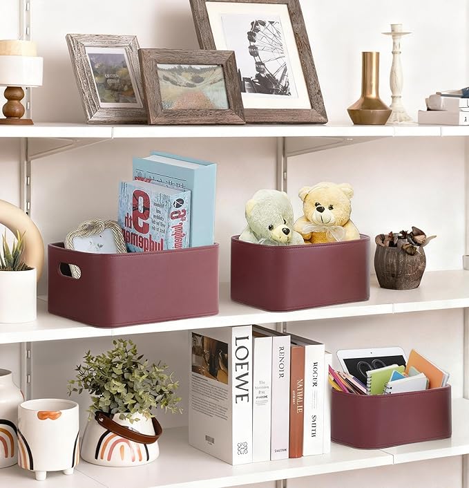 HofferRuffer Faux Leather Storage Baskets Bins with Velvet Lining for Organizing, Storage, Gifts, Set of 3 Nesting Shelf Baskets Decorative Storage Boxes for Home Organization (Dark Red)