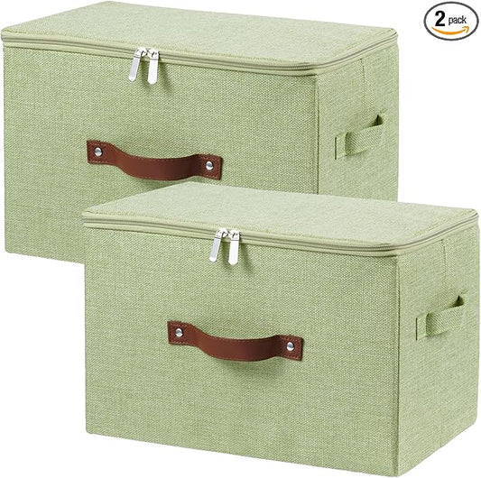 2 Pack Storage Bins with Zipper Lid Cotton Linen Fabric Lidded Storage Baskets Boxes Foldable Washable Closet Shelf Clothes Organizer Container with PU Leather Handles (Green, Large Size)