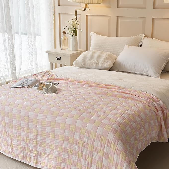 Ultra Soft Cozy 6-Layer Muslin 100% Cotton Checkered King Bed Blanket Breathable Lightweight Checkboard Bed Blankets Decorative for Sofa Bed All Seasons Both Sides (Mix, King 90" 104")
