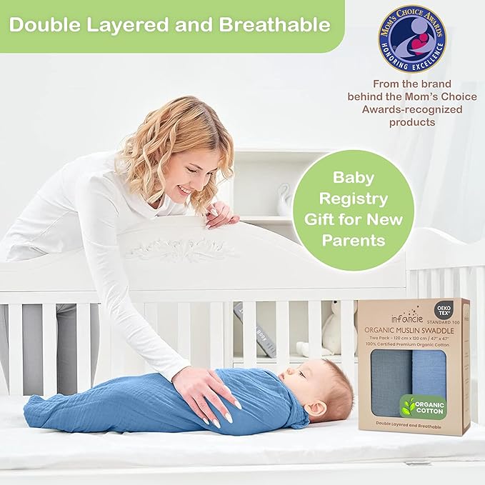 100% Organic Cotton Muslin Baby Blanket - 47 x 47 Inch Breathable Muslin Swaddle Blanket, Hypoallergenic Double-Layer, Soft and Cozy Blankets for Sleeping & Everyday Use (Slate/Aquarius)