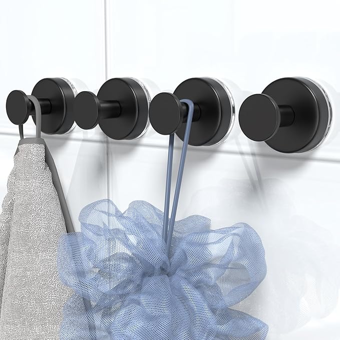 PMMASTO Suction Cup Hooks for Shower, Stainless Steel Bathroom Hooks to Hang Towels, Loofah, Coat, Bath Robe Hook Holder - Bathroom, Kitchen, Glass Door, Mirror, Tile (Black O Shape - 4 Pack)