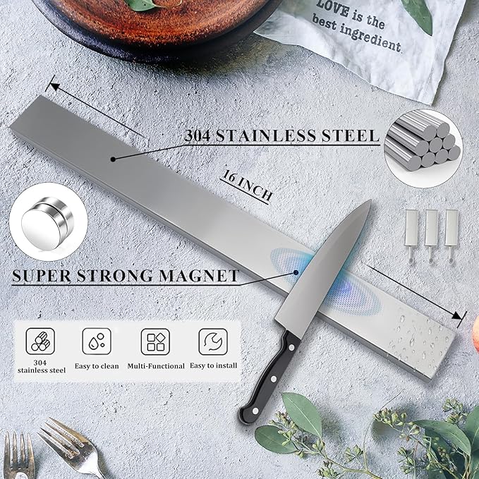 Magnetic Knife Holder for wall, 16 Inch Knife Magnetic Strip with 3 Hooks, Stainless Steel Knife Holder Magnet Rack for Kitchen Organizer, Mount with Adhesive or Screws