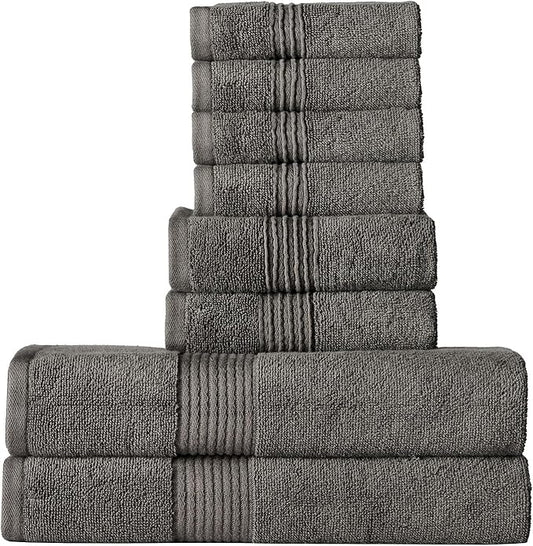 Bath Towels 8 Piece Towel Set – 100% Combed Cotton – Bath + Hand + Washcloths – Oeko-TEX Certified Soft & Absorbent Towels with Durable Double-Stitched Edges for Bathroom or Guest Spa, Gray