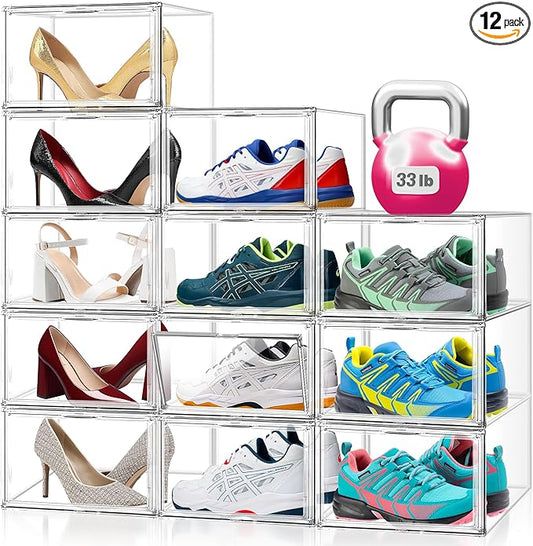 12 Pack Clear Shoe Boxes for Sneakers, Size 12 Acrylic Shoe Storage Under Bed Stackable Handbag Organizer with Magnetic Lid Collection Acrylic Display Case