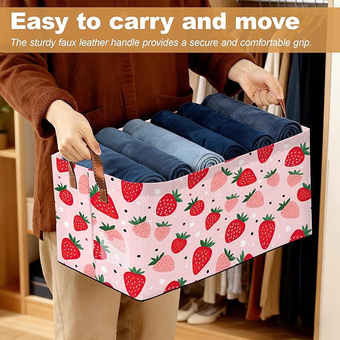 Storage Bin with Handles, Cute Strawberry Collapsible Laundry Baskets for Books, Laundry - Use in Nursery, Closet Organizers and Storage, Blanket Basket