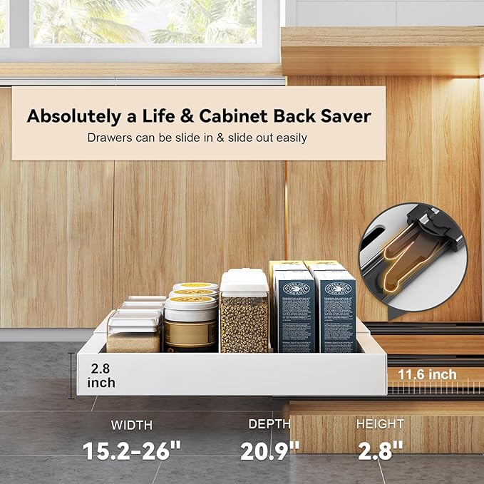 4Pack Expandable Pull Out Cabinet Organizer 21" Deep - Sliding Drawer Organizer Roll Out Shelves Adhesive - Adjustable Width 15.2"-26.2" W (White)
