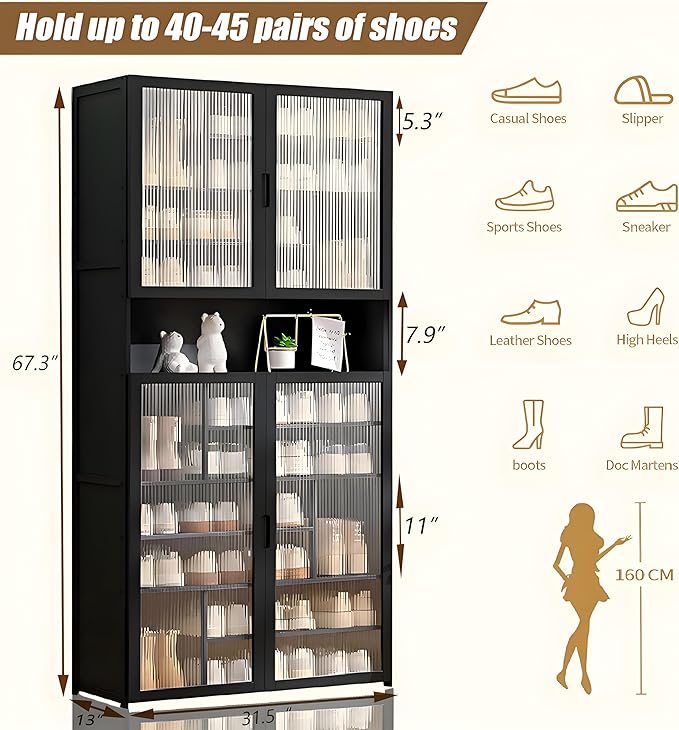 Tall Shoe Cabinet with Acrylic Doors, 11-Tier Large Capacity Bamboo Shoe Cabinet, 40-45 Pairs Freestanding Shoe Rack & Shoe Organizer for Closet Entrance, Hallway, Living Room, Bedroom