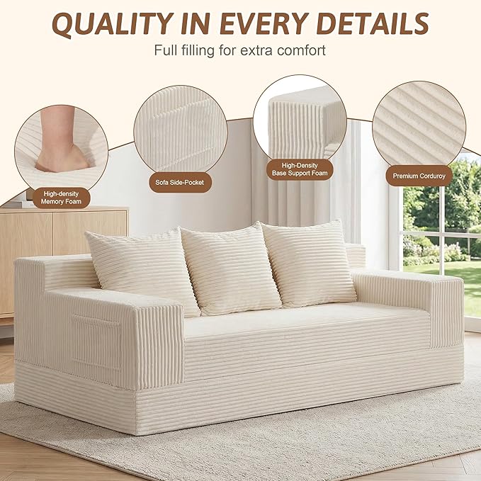 78" Convertible Sofa Bed, Foldable Floor Couch Futon Sofa,High-Density Sponge Boneless Couch, 3 Seater Sleeper Couch with 3 Pillows for Living Room Bedroom Lounge (Beige)