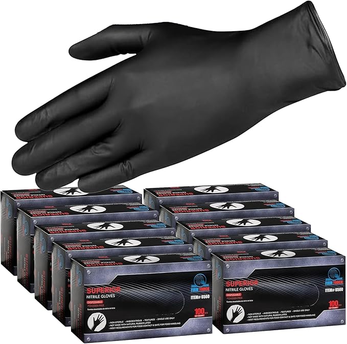 Glove Station Nitrile Disposable Gloves - 10 boxes, 100 count/box, Powder-Free, Latex-Free, Textured Grip - Ideal for Cleaning, Cooking Use -Black - 6MIL - SM (1000 Count)