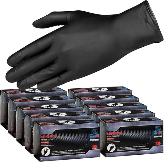 Glove Station Nitrile Disposable Gloves - 10 boxes, 100 count/box, Powder-Free, Latex-Free, Textured Grip- Ideal for Cleaning, Cooking Use -Black - 6MIL - SM (1000 Count)