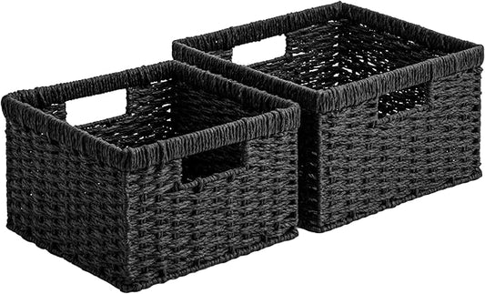 StorageWorks Wicker Basket with Handle, Wicker Storage Baskets for Organizing, Decorative Storage Baskets for Shelves, Paper Rope, Black, 2-Pack