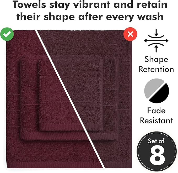 Bath Towels Set of 8 – 100% Cotton (Burgundy) Bathroom Towel Set Bale Includes 2 Bath, 2 Hand, 4 Face Towels – Soft, Absorbent & Quick Dry Towel for Bathroom, Spa, Kitchen, Hotel Use