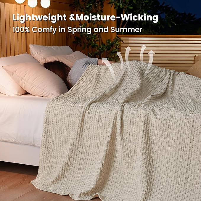 PHF Lightweight Waffle Weave Blanket Twin Size 66"x 90", Soft Woven Summer Blanket for Hot Sleepers - Aesthetic Home Decor for Couch Bed Sofa, Pet Friendly, Natural/Linen