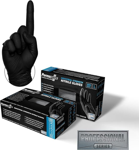 PermaSafe HD Black Disposable Nitrile Industrial Gloves, 6+ Mil, Latex-Free, Raised Textured, Mechanics, Medical, Food, More