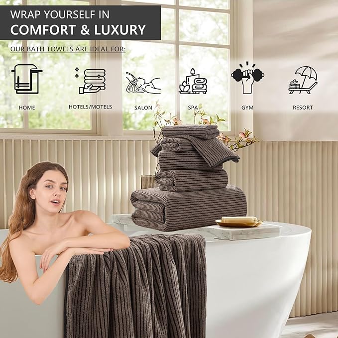 8-Piece Premium Towel Set for Bathroom|2 Oversized Large Bath Sheet,2 Hand Towels,4 Washcloths|Soft Cozy Highly Absorbent Fast Dry Microfiber Shower Towel Set for Hotel Bathroom Essentials,Dark Brown
