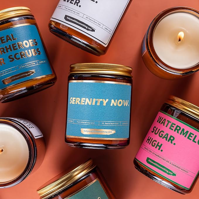 Seinfeld Gifts for Women - Serenity Now Lavender Vanilla Scented Soy Wax Candle | Seinfeld Merch Mothers Day Friendship Relaxation Gifts for Women | Birthday Present Idea for Friends for Home Decor