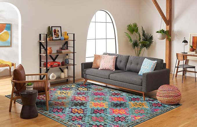 SAFAVIEH Monaco Collection Area Rug - 8' x 10', Blue & Multi, Boho Diamond Trellis Design, Non-Shedding & Easy Care, Ideal for High Traffic Areas in Living Room, Bedroom (MNC244N)