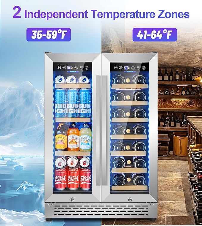 3 LED Wine and Beverage Refrigerator, 90 Can & 21 Bottle Dual Zone Stainless-Steel Wine Beverage Cooler, 24 Inch Built-In or Freestanding Wine and Drink Fridge Fast Cooling for Home/Kitchen